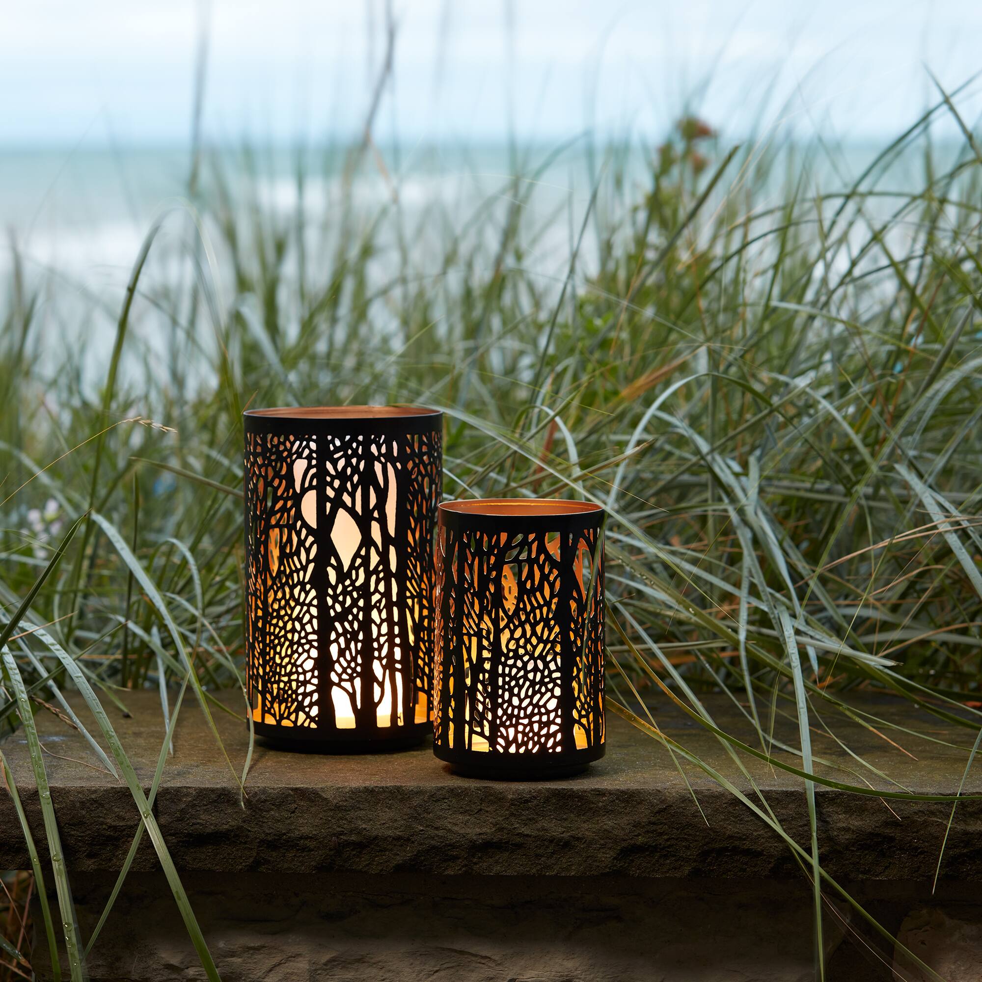 Black & Gold Forest Trees Punched Metal Candle Holder Set